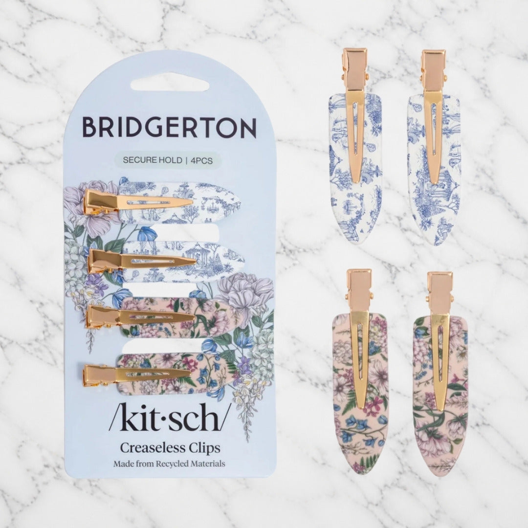 Bridgerton x Kitsch Creaseless Clips on white marble