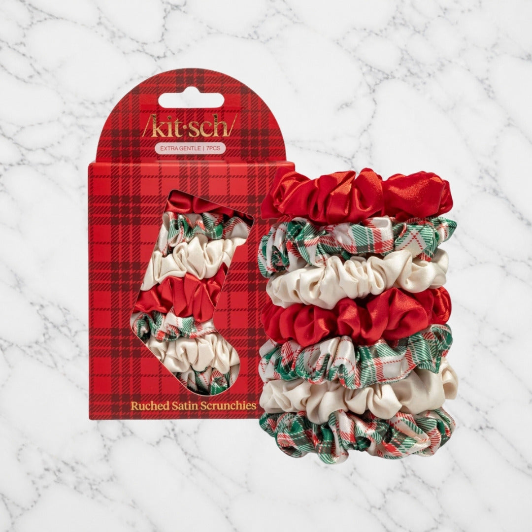 Kitsch Holiday Ruched Satin Scrunchies on white marble