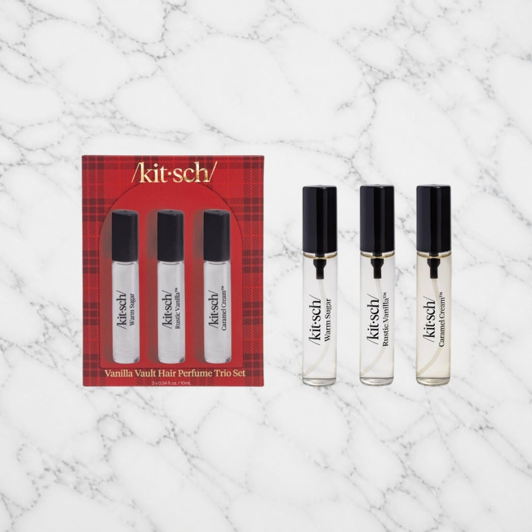 Kitsch Vanilla Vault Hair Perfume Trio on white marble