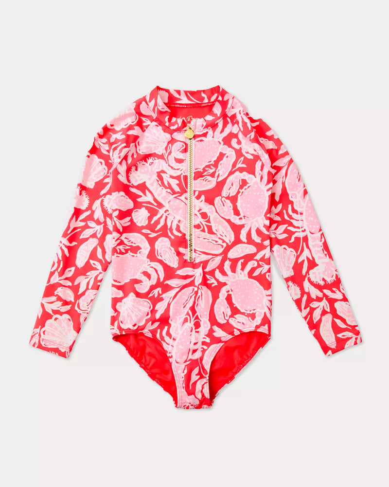 The "Crab Collab" UPF 50+ Girls Alicia Rashguard One-Piece Swimsuit by Lilly Pulitzer
