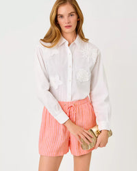 The "Sunset Orange X Saint Tropez Stripe" 5" Croix Linen Short by Lilly Pulitzer