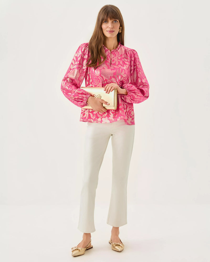 The "Sun Shell Pink" Giana Long Sleeve Silk Top by Lilly Pulitzer