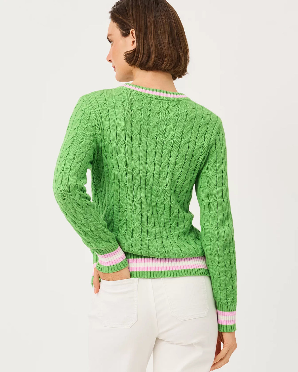 The "Chateau Green X Oleander Pink Tipping" Brockton Crew Neck Sweater by Lilly Pulitzer