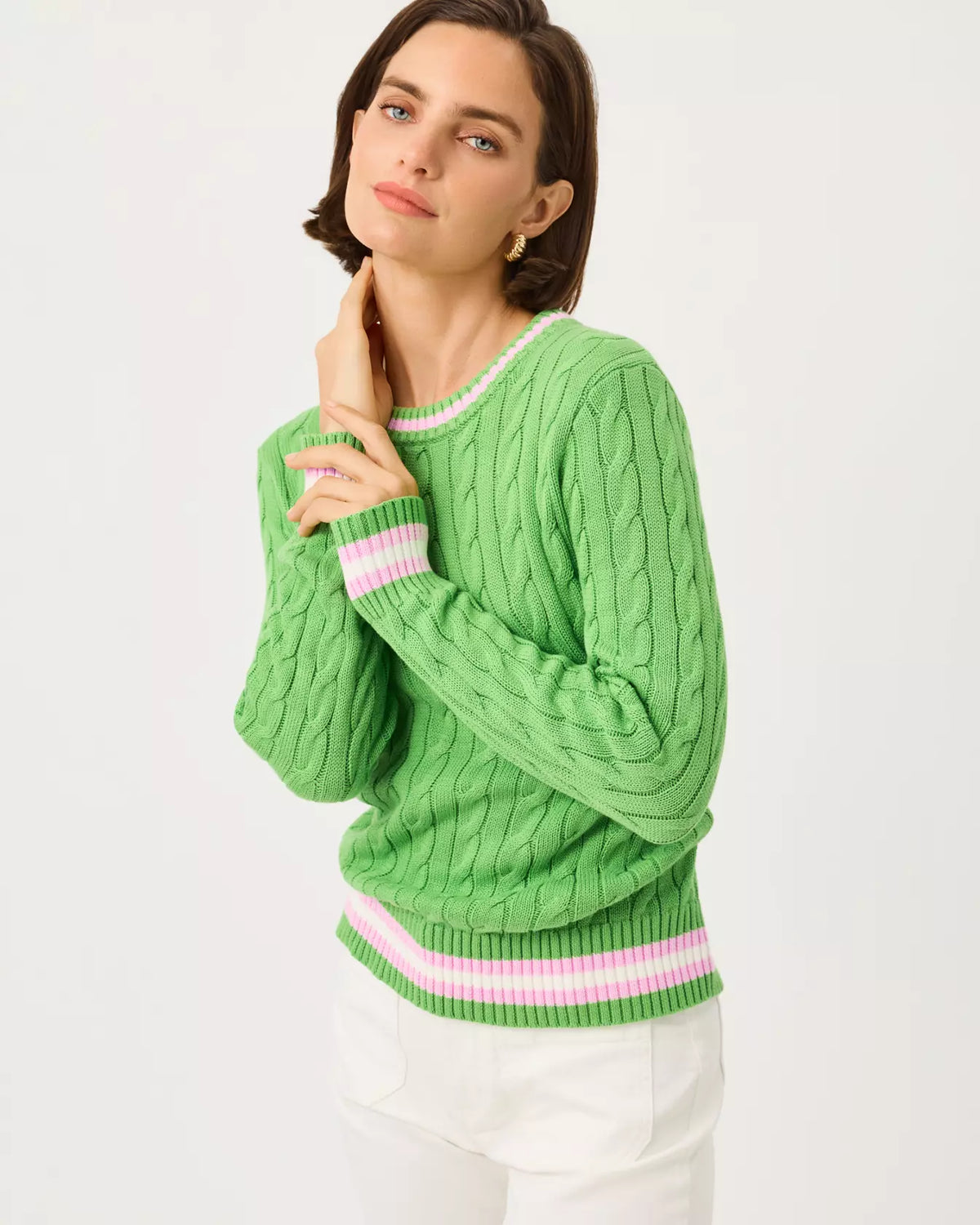 The "Chateau Green X Oleander Pink Tipping" Brockton Crew Neck Sweater by Lilly Pulitzer