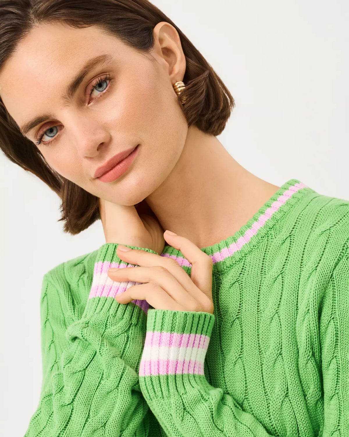 The "Chateau Green X Oleander Pink Tipping" Brockton Crew Neck Sweater by Lilly Pulitzer