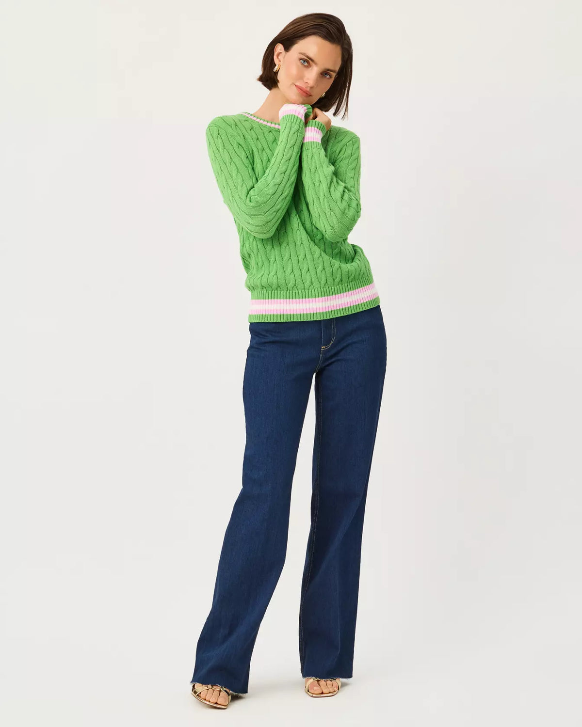 The "Chateau Green X Oleander Pink Tipping" Brockton Crew Neck Sweater by Lilly Pulitzer