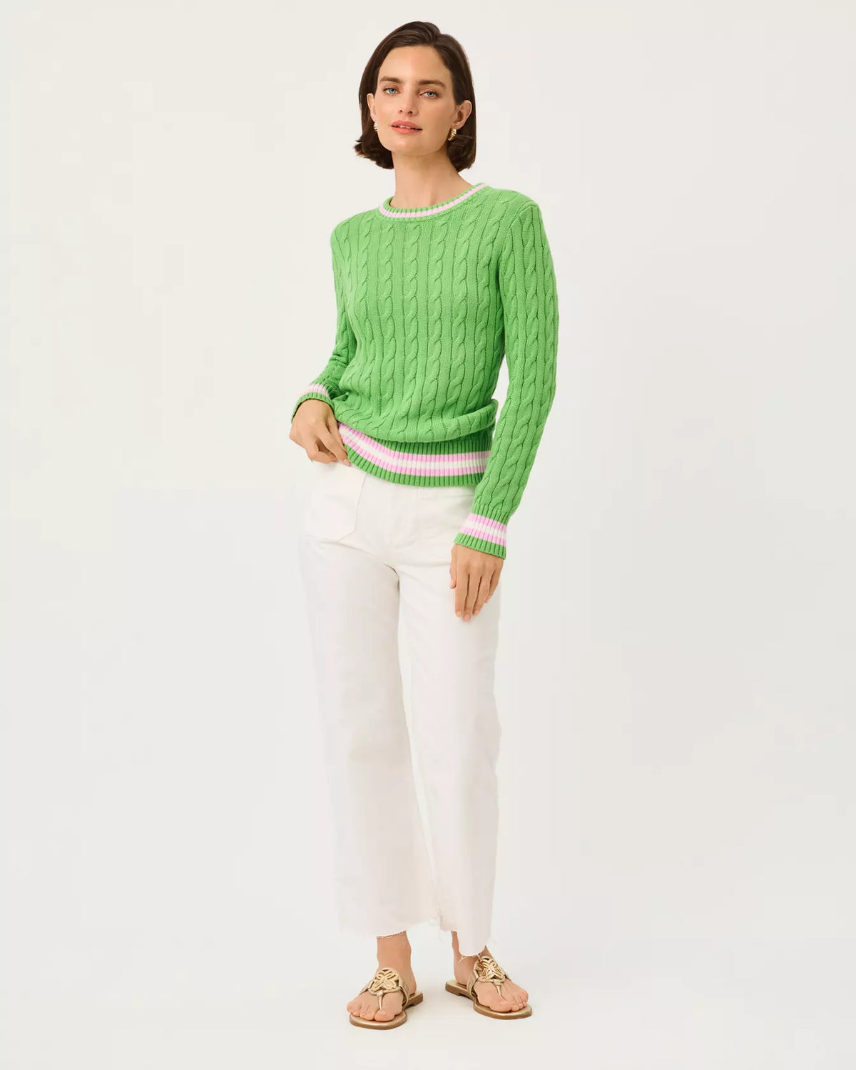 The "Chateau Green X Oleander Pink Tipping" Brockton Crew Neck Sweater by Lilly Pulitzer