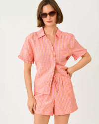 The "Sunset Orange X Saint Tropez Stripe" Carden Ruffle Top by Lilly Pulitzer
