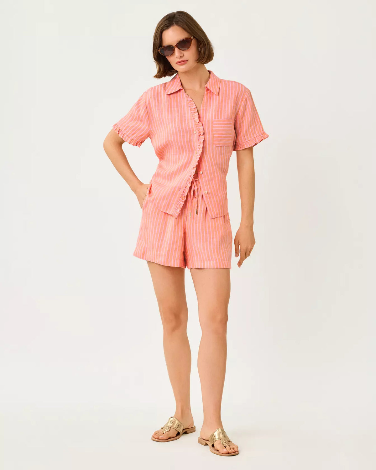 The "Sunset Orange X Saint Tropez Stripe" Carden Ruffle Top by Lilly Pulitzer