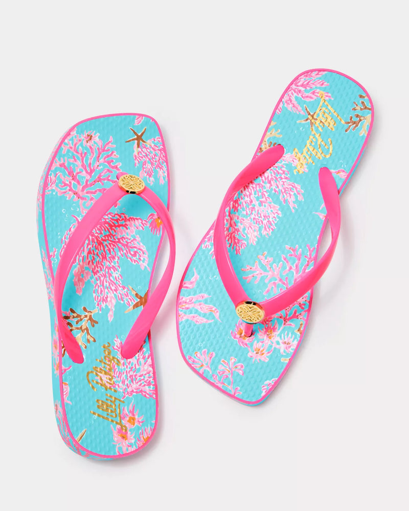 The "Royal Coral" Sandsational Square Toe Flip Flop by Lilly Pulitzer