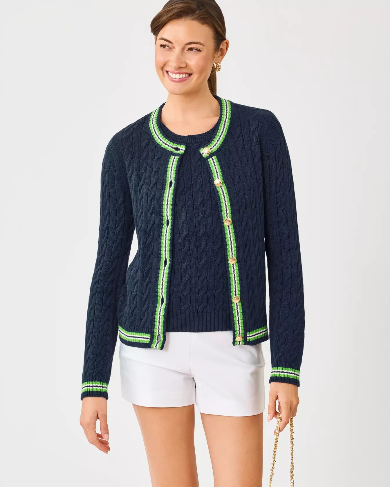 The "Low Tide Navy x Chateau Green Tipping" Brockton Crew Neck Cardigan by Lilly Pulitzer