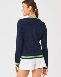 The "Low Tide Navy x Chateau Green Tipping" Brockton Crew Neck Cardigan by Lilly Pulitzer