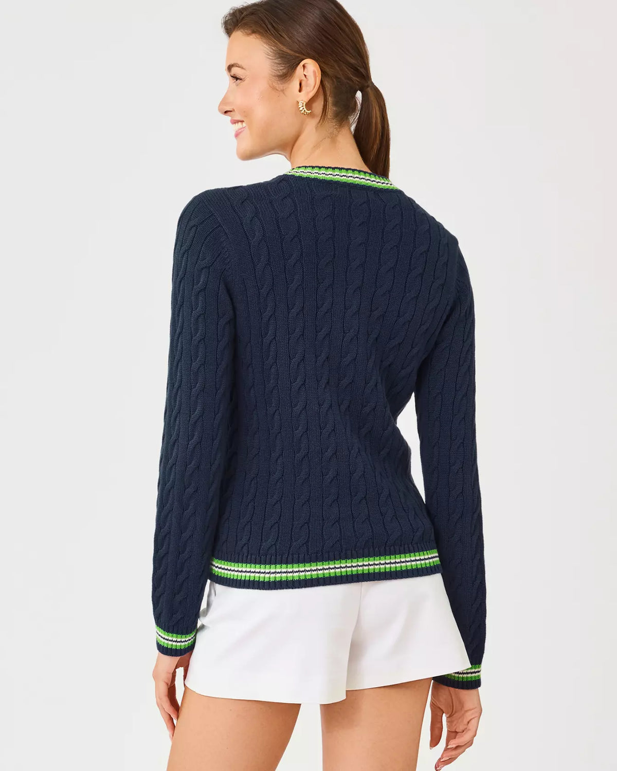 The "Low Tide Navy x Chateau Green Tipping" Brockton Crew Neck Cardigan by Lilly Pulitzer