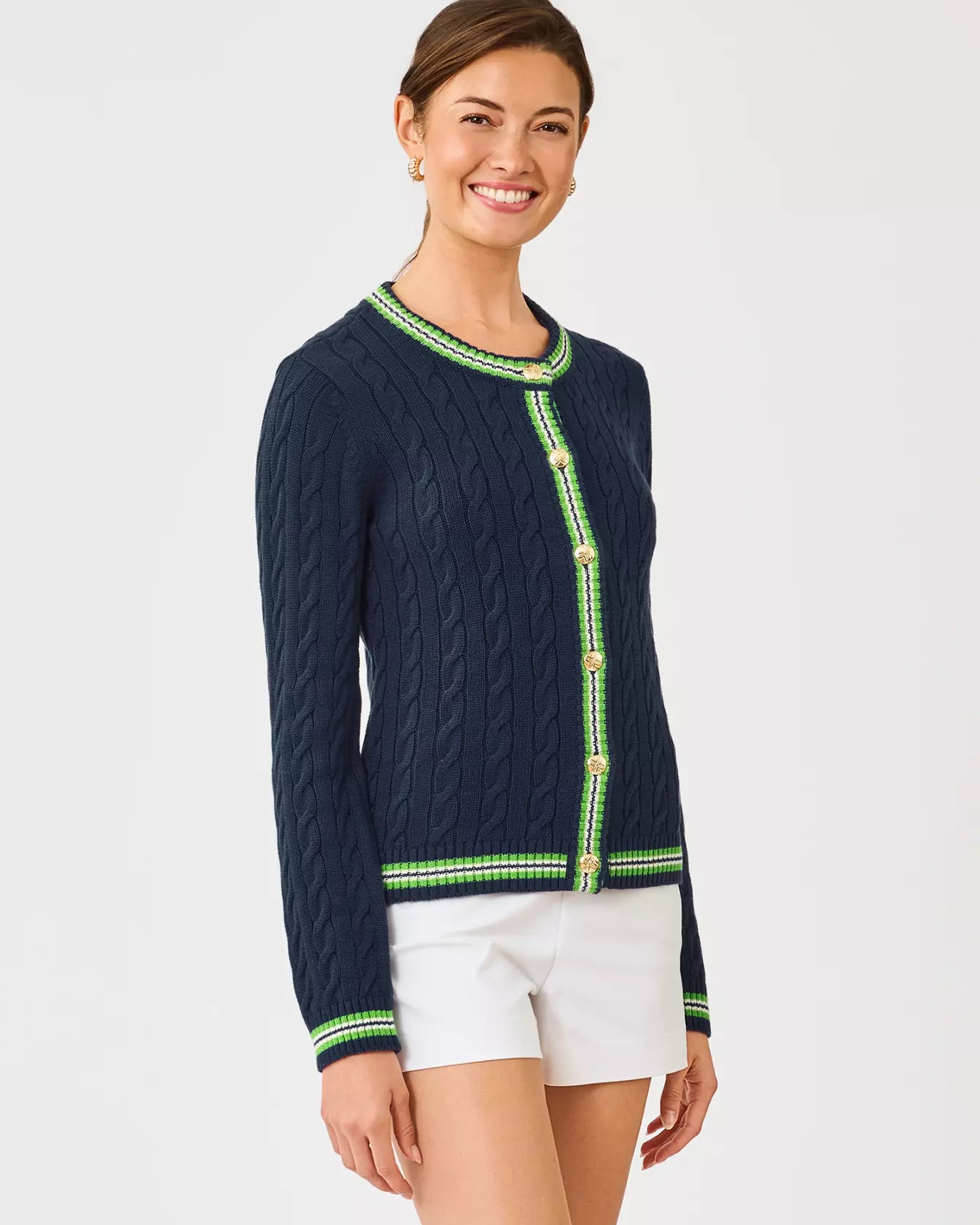 The "Low Tide Navy x Chateau Green Tipping" Brockton Crew Neck Cardigan by Lilly Pulitzer