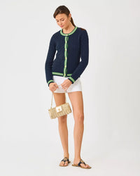 The "Low Tide Navy x Chateau Green Tipping" Brockton Crew Neck Cardigan by Lilly Pulitzer