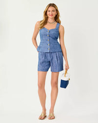 The "Starlight Navy" 7" Dewey Linen Short by Lilly Pulitzer