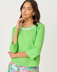 The "Jackfruit Green" Clairmont 3/4 Sleeve Lace Trimmed Knit Top by Lilly Pulitzer