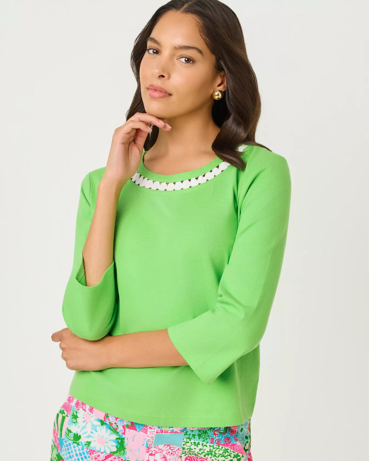 The "Jackfruit Green" Clairmont 3/4 Sleeve Lace Trimmed Knit Top by Lilly Pulitzer