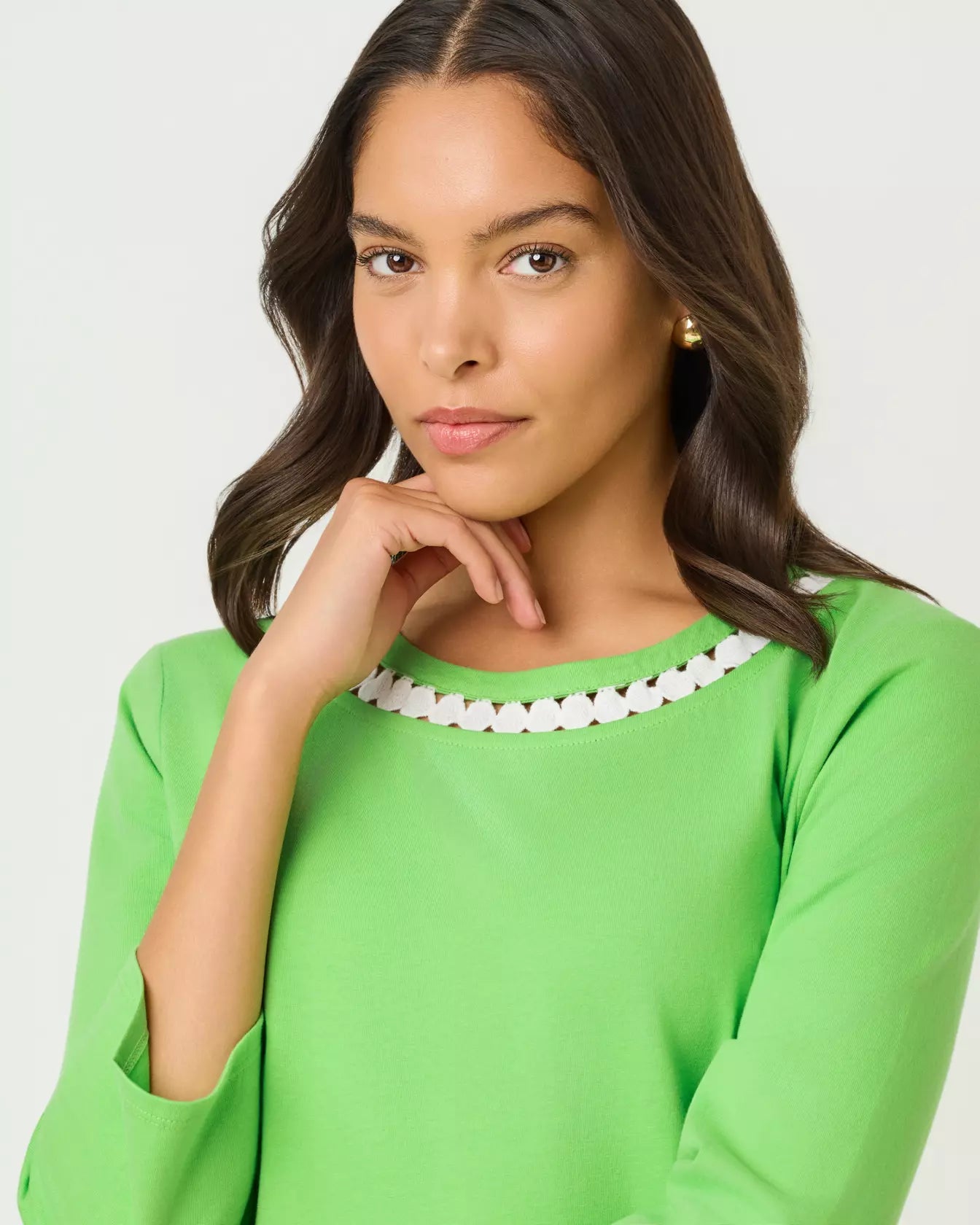 The "Jackfruit Green" Clairmont 3/4 Sleeve Lace Trimmed Knit Top by Lilly Pulitzer