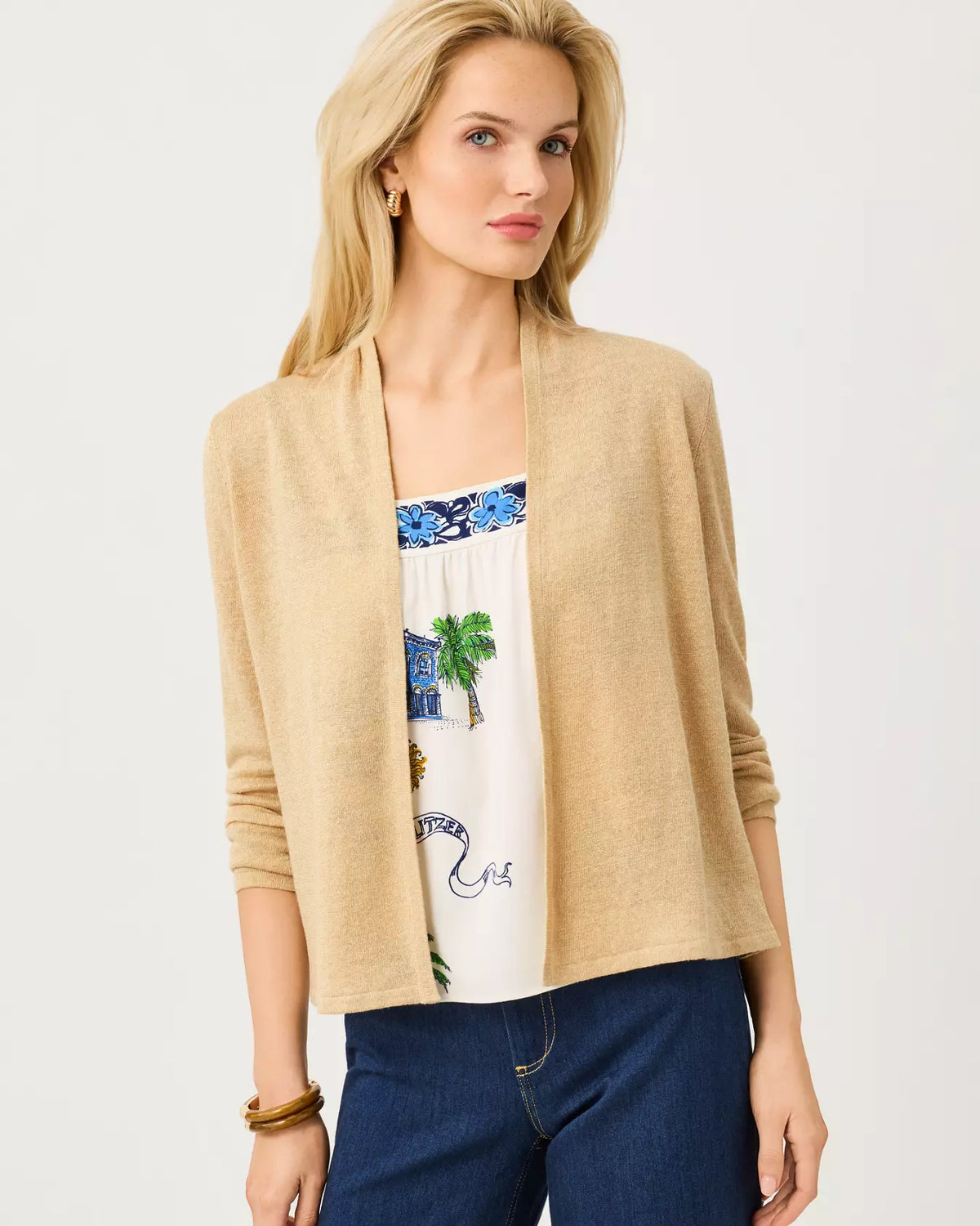 The "Wicker Tan Metallic" Faretta Cardigan by Lilly Pulitzer