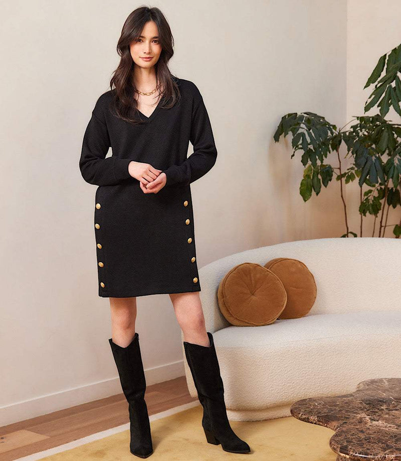 The "Embellished" Long Sleeve V-Neck Button Detail Dress