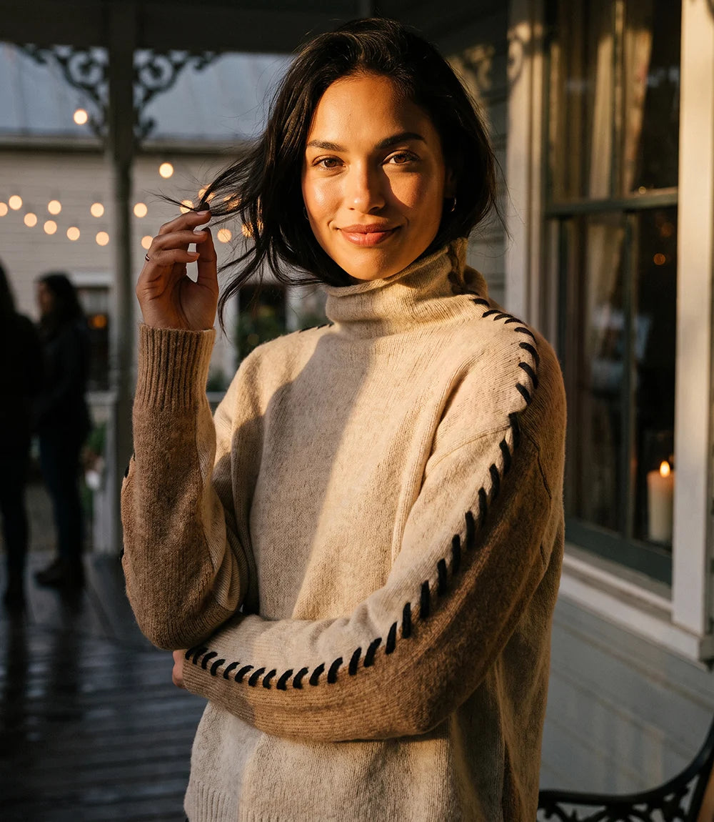 The "Oatmeal & Camel" Contrast Stitch Sweater