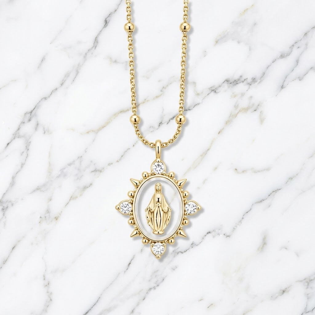 The "White Enameled Pave Blessed Mother" Necklace