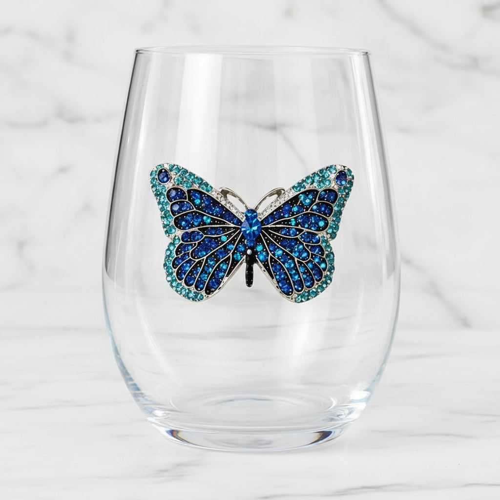 The "Blue Butterfly" Stemless Wine Glass