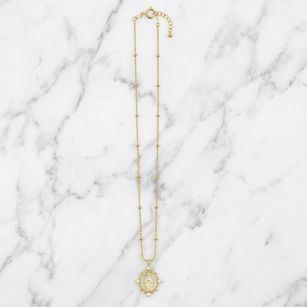 The "White Enameled Pave Blessed Mother" Necklace