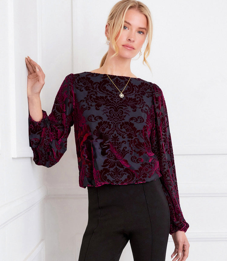 The “Wine” Blouson Sleeve Velvet Burnout Boatneck Top