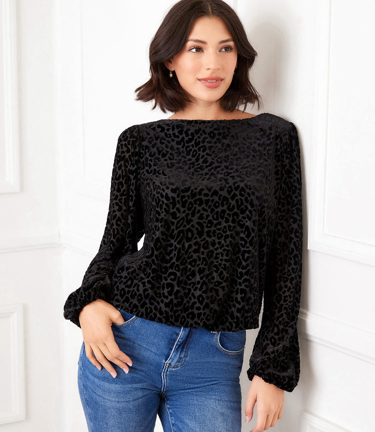 The “Leopard” Blouson Sleeve Velvet Burnout Boatneck Top