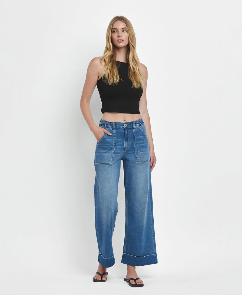The "Kris" High Rise Double Cuffed Baggy Wide Jeans by Vervet Flying Monkey