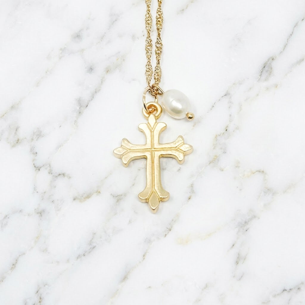 The "Fleur Cross & Pearl" Necklace