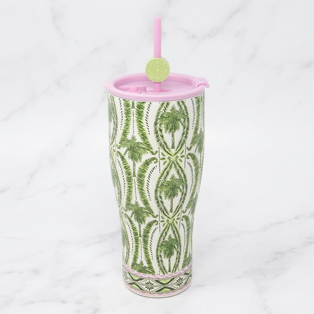 The "Palm Stripe" Stainless Steel Tumbler With Straw by Lilly Pulitzer