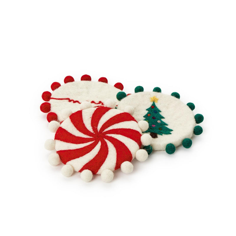 The "Hand Crafted Pom Pom" Holiday Coaster Set