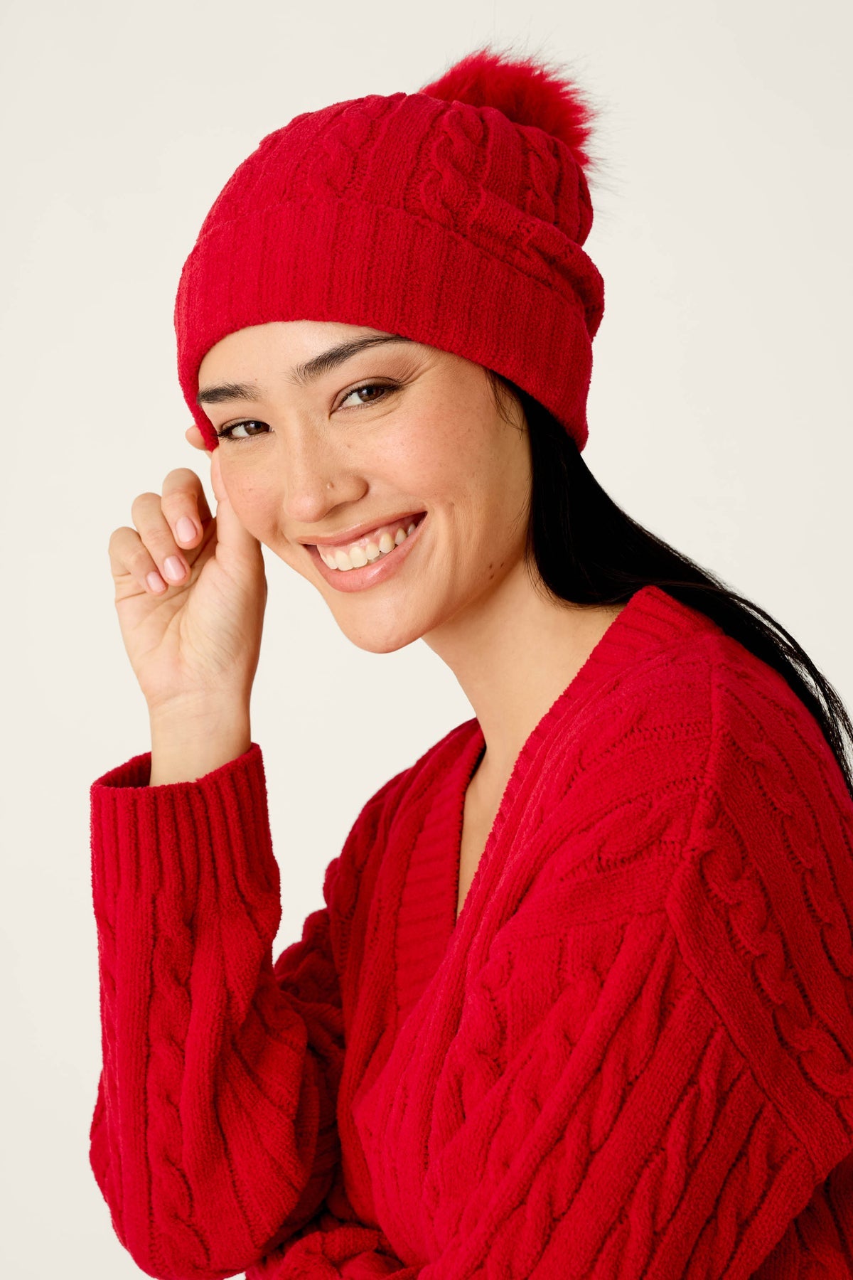 Jester Red Cozy Chenille Cable Knit Beanie by PJ Salvage