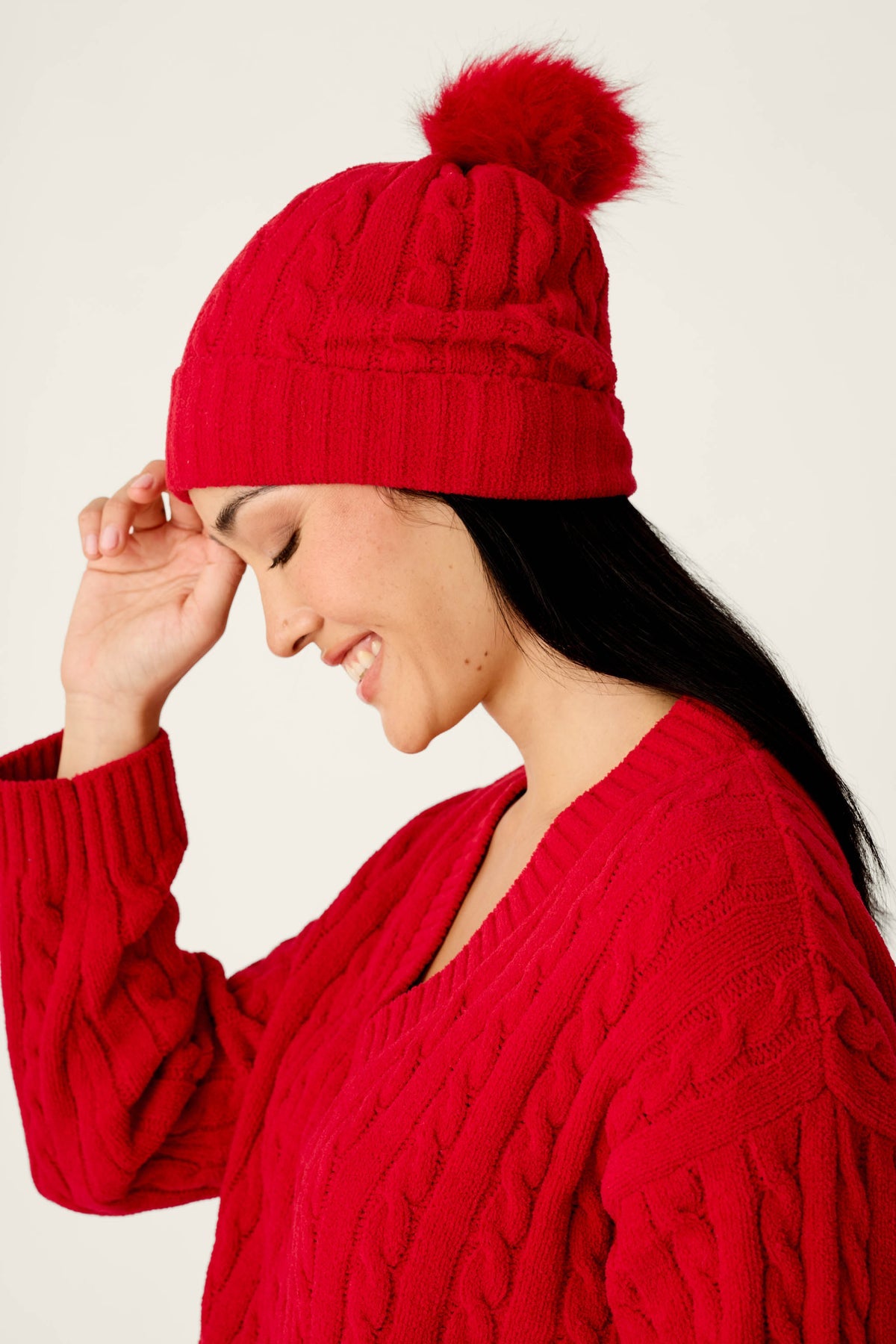 Jester Red Cozy Chenille Cable Knit Beanie by PJ Salvage