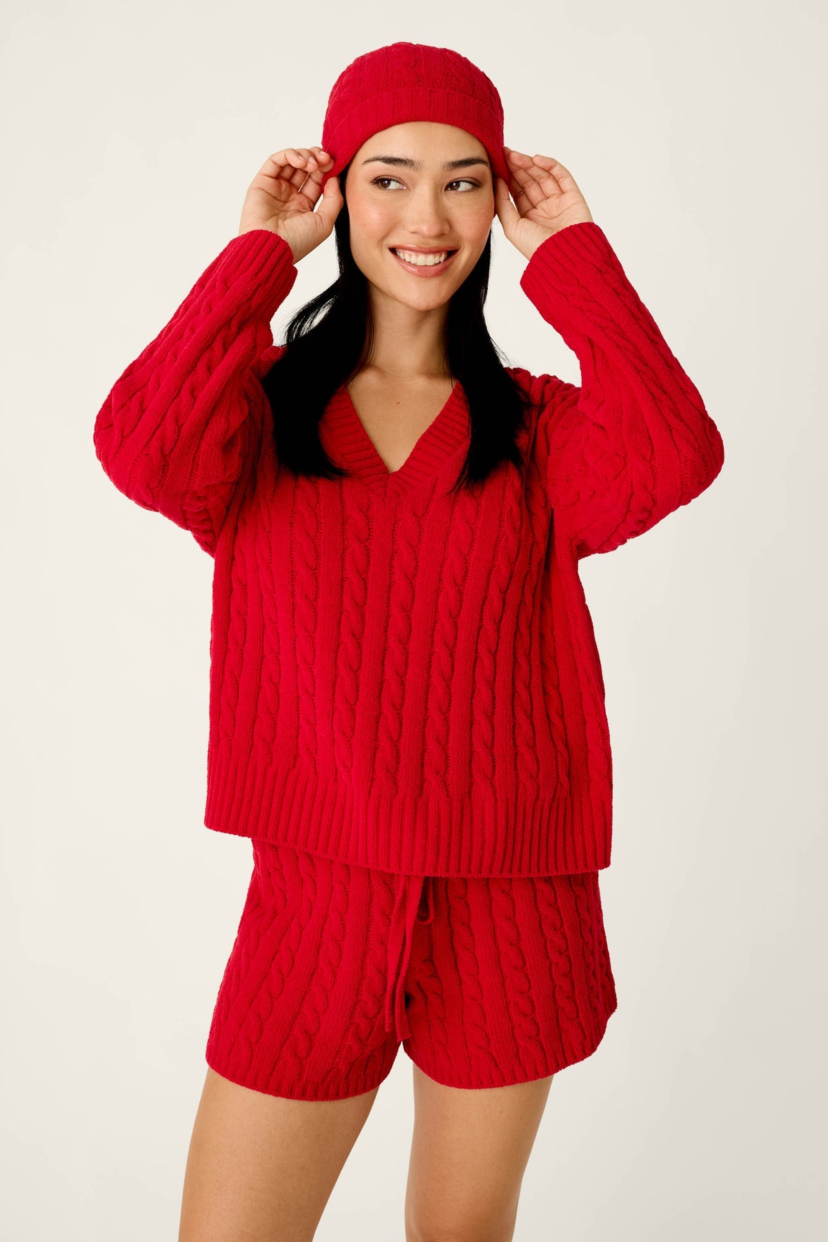Jester Red Cozy Chenille Cable Knit Beanie by PJ Salvage