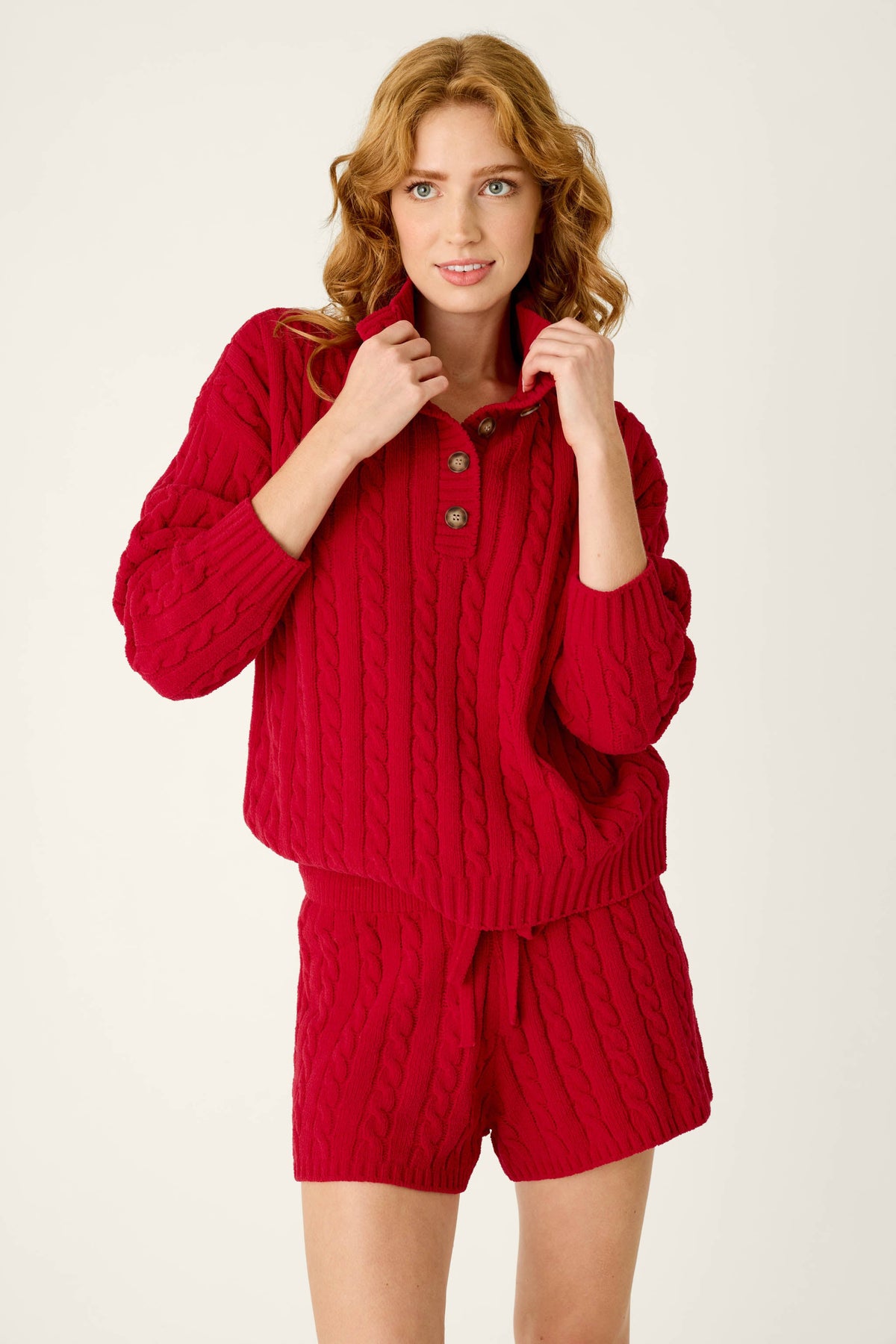 The "Jester Red" Cozy Chenille Cable Knit Pullover by PJ Salvage