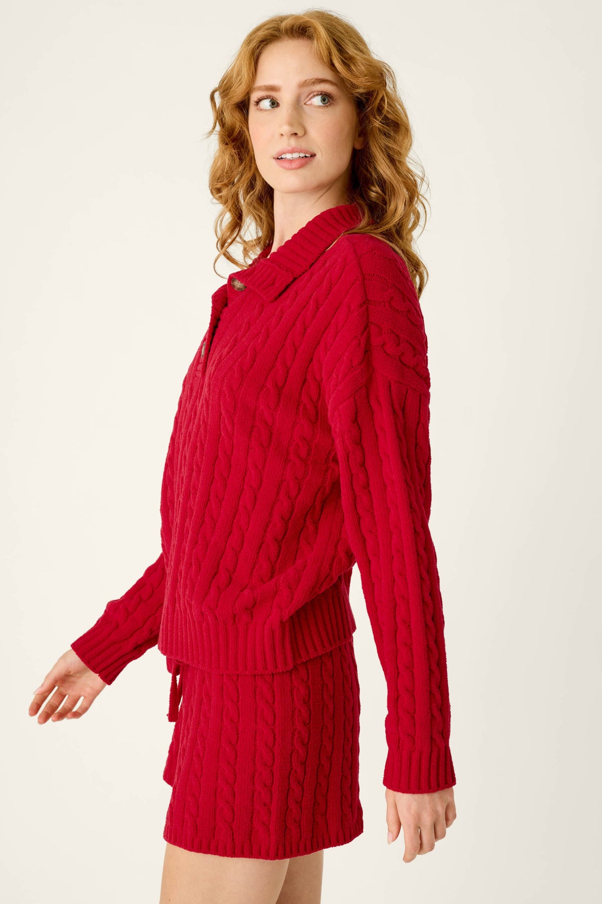 The "Jester Red" Cozy Chenille Cable Knit Pullover by PJ Salvage