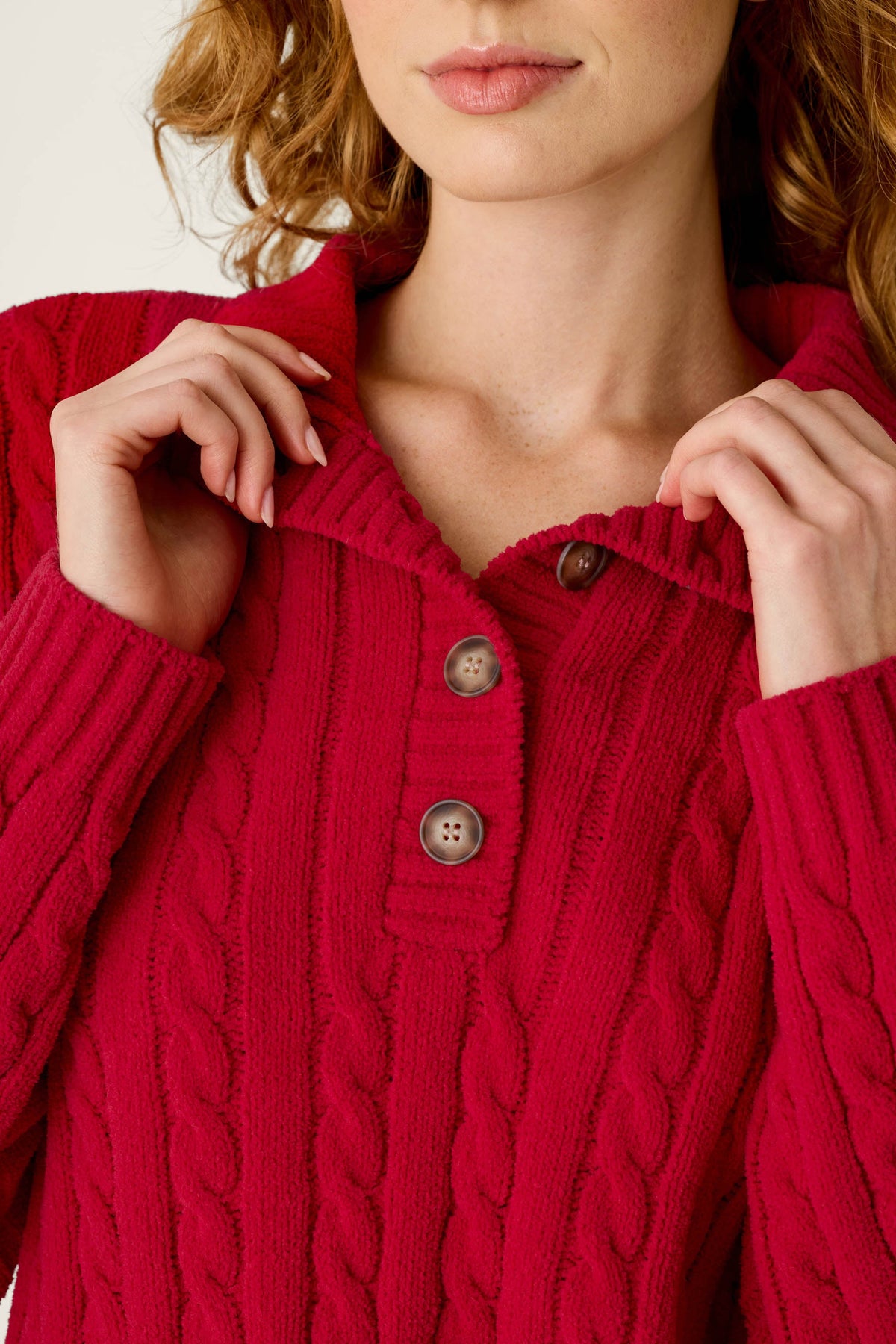 The "Jester Red" Cozy Chenille Cable Knit Pullover by PJ Salvage