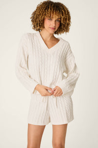 The "Ivory" Cozy Chenille Cable Knit V-Neck Sweater by PJ Salvage