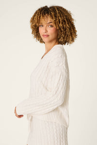 The "Ivory" Cozy Chenille Cable Knit V-Neck Sweater by PJ Salvage