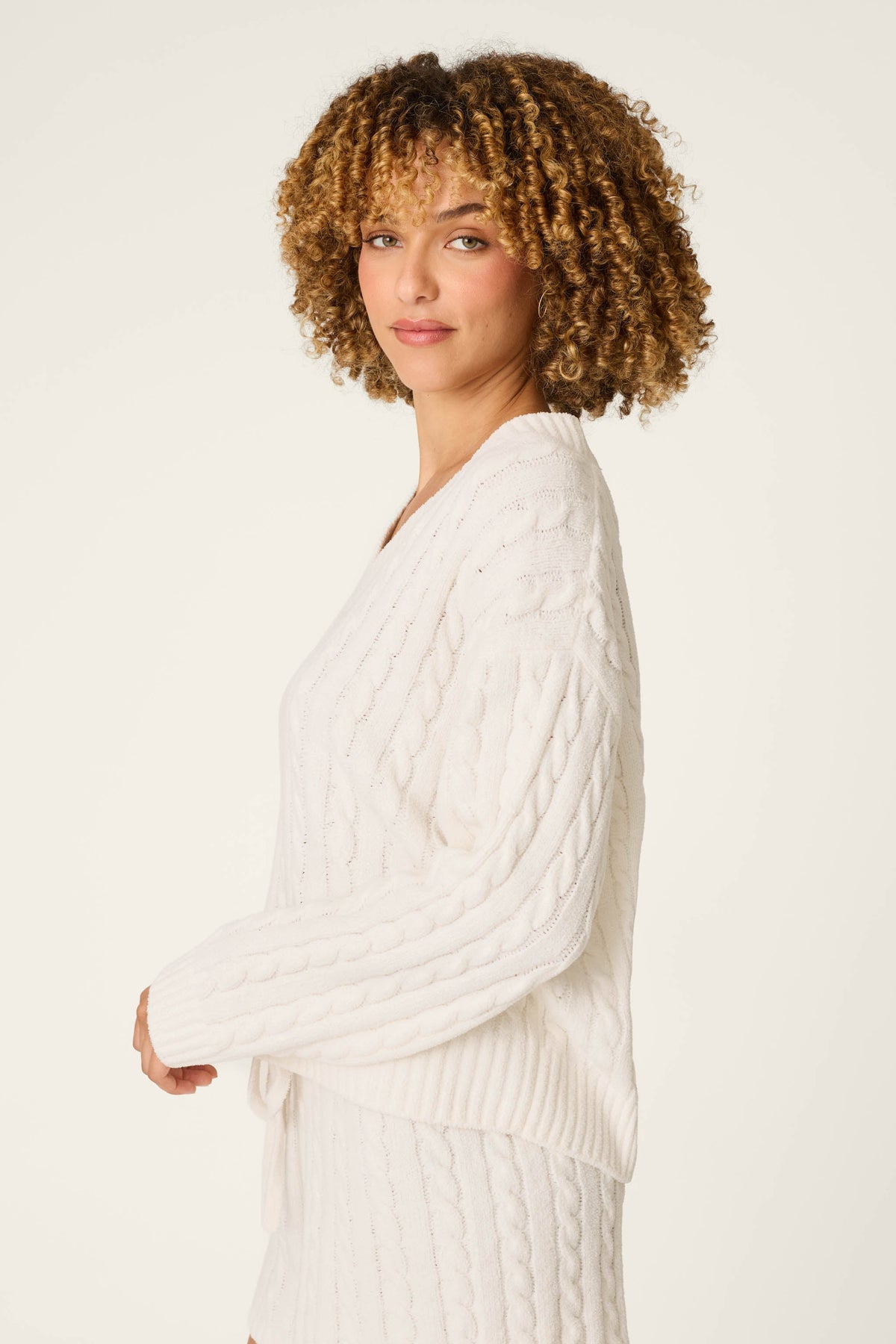 The "Ivory" Cozy Chenille Cable Knit V-Neck Sweater by PJ Salvage