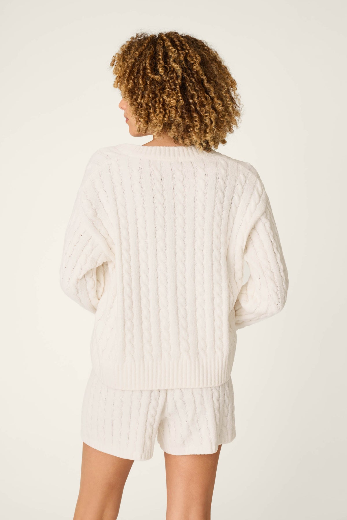 The "Ivory" Cozy Chenille Cable Knit V-Neck Sweater by PJ Salvage