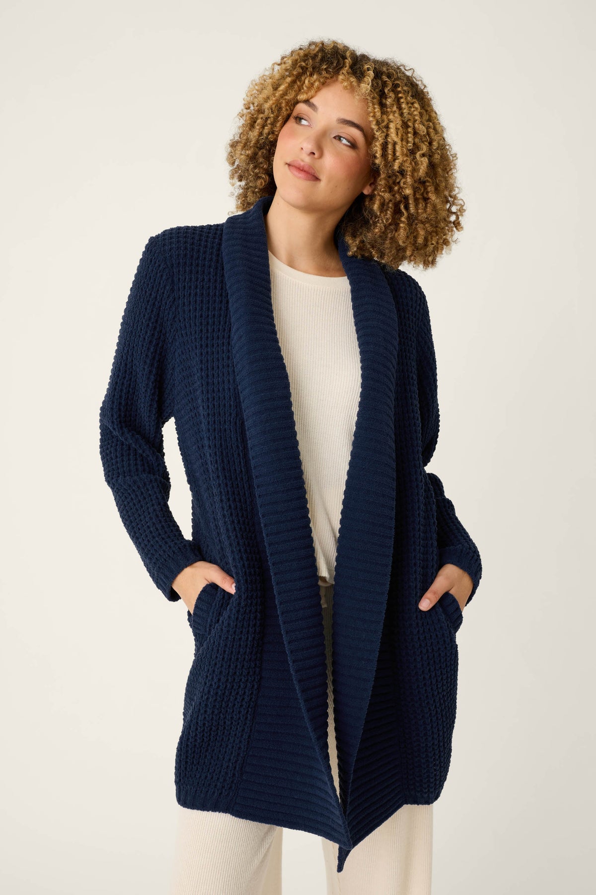 The "Deep Navy" Cozy Chenille Waffle Cardigan by PJ Salvage