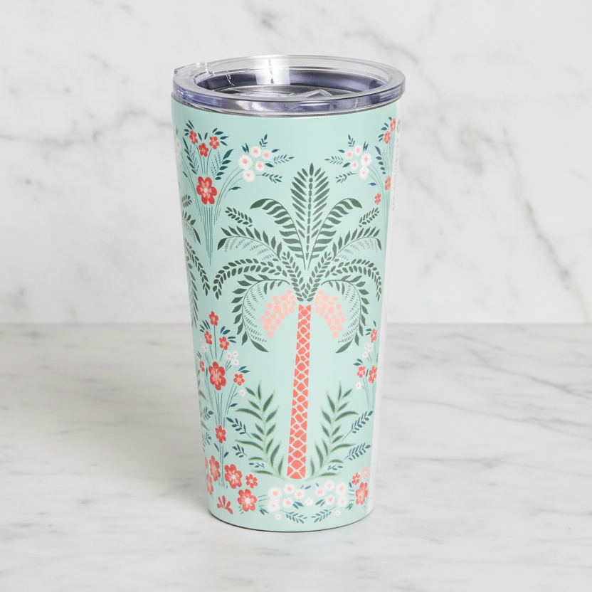 The "Alljoy Landing Palm Tree" Stainless Steel Tumbler by Spartina 449