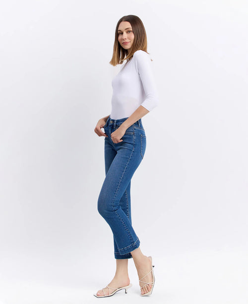 The "Bella" High Rise Seamless Hem Kick Flare Jeans by Vervet Flying Monkey