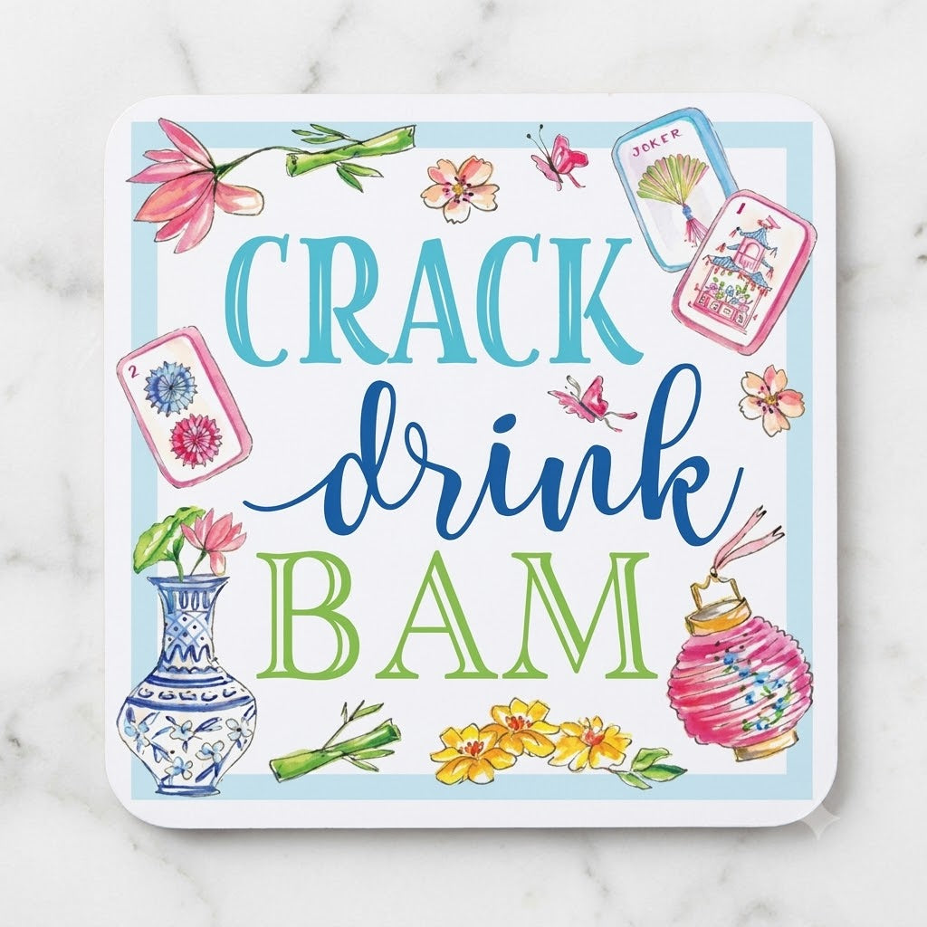 The "Crack, Drink, Bam" Paper Coasters