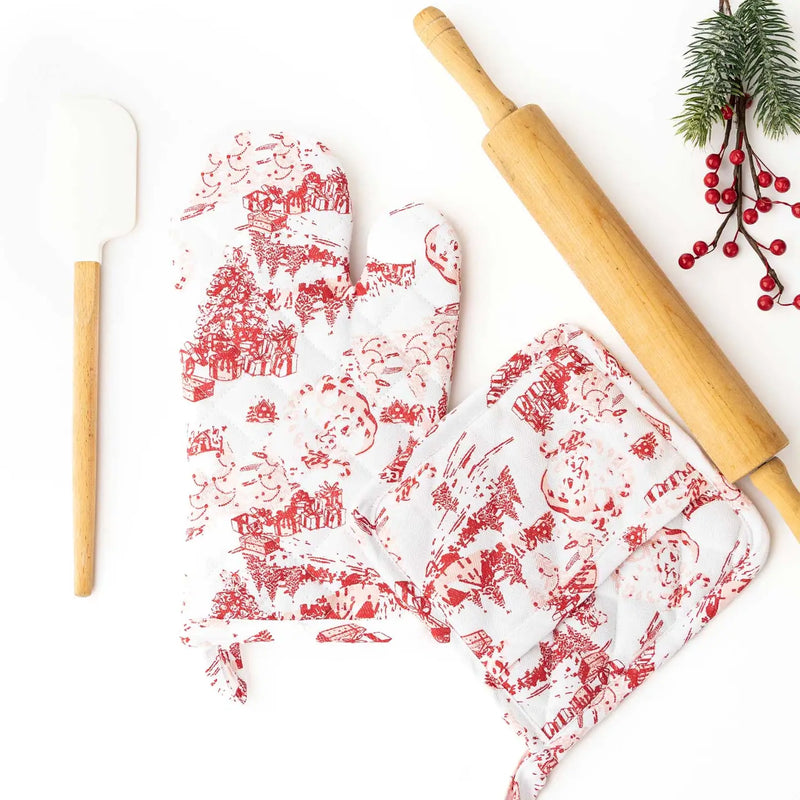 The "Santa Toile" Oven Mitt Set
